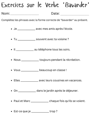 Exercices sur le Verbe 'Bavarder' - bavarder verb conjugation in french