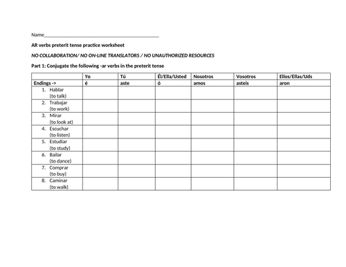 AR verbs preterit tense practice worksheet