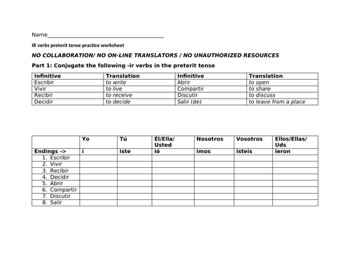 IR verbs preterit tense practice worksheet