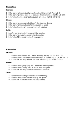 Tiered Translation School Subjects (German)