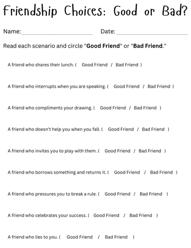 Good friend vs bad friend activity worksheet for kids