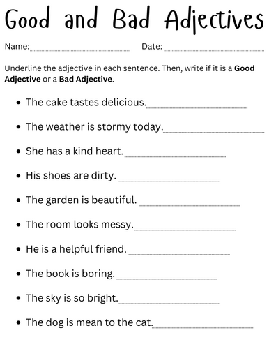 good and bad adjectives worksheet - positive and negative adjectives activity