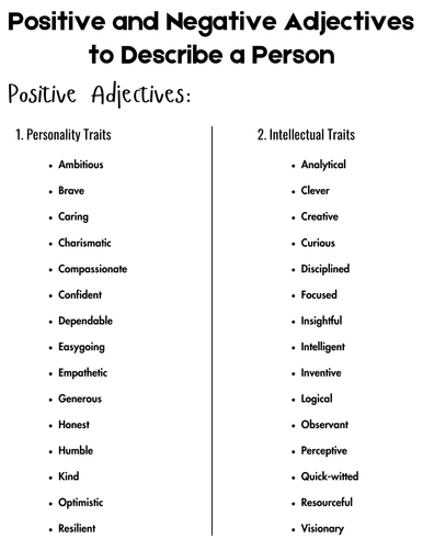 Positive and Negative Adjectives to Describe a Person