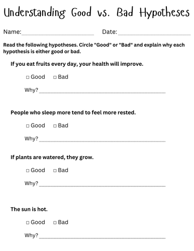 good vs bad hypothesis worksheet