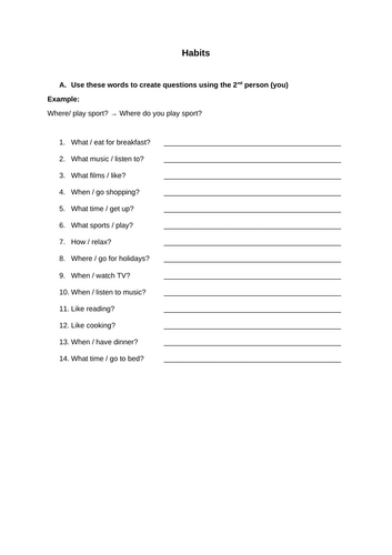 ESL Habits worksheet