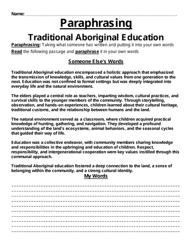 Traditional Aboriginal Education Paraphrasing Worksheet