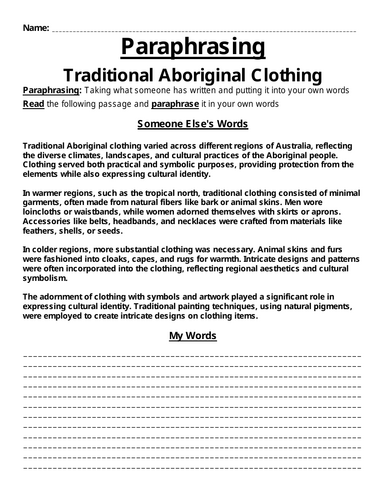 Traditional Aboriginal Clothing Paraphrasing Worksheet