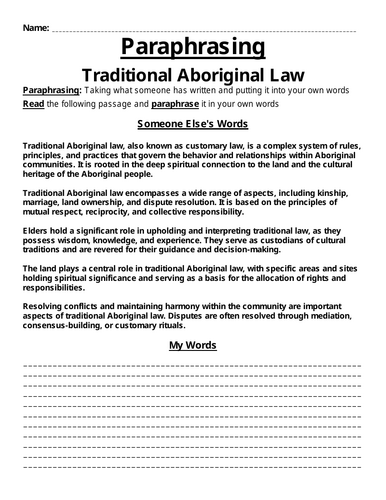 Traditional Aboriginal Law Paraphrasing Worksheet
