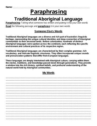 Traditional Aboriginal Language Paraphrasing Worksheet