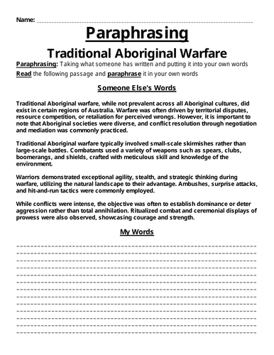 Traditional Aboriginal Warfare Paraphrasing Worksheet