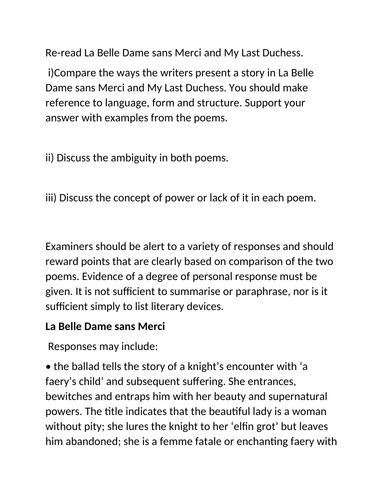 iGCSE ENGLISH LITERATURE: revision: comparing "My Last Duchess" and "La Belle Dame Sans Merci"