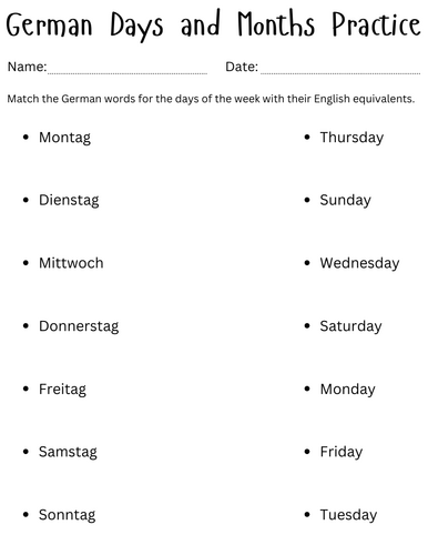 days of the week and months in german worksheets