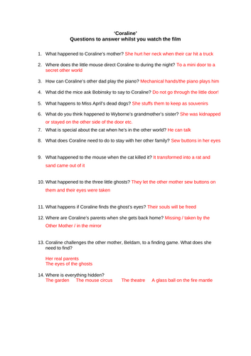 Coraline movie comprehension questions