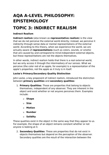 Indirect Realism - A-Level Philosophy Revision Summary