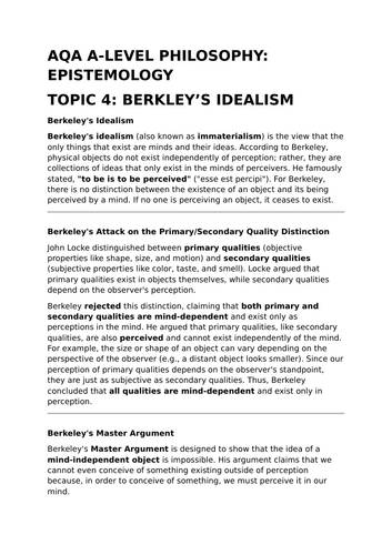 Berkley's Idealism - A-Level Philosophy Revision Summary