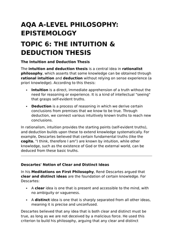 The Intuition and Deduction Thesis - A-Level Philosophy Revision Summary