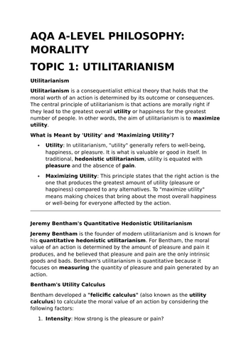 Utilitarianism - A-Level Philosophy Revision Summary