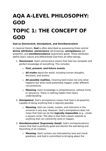 The Concept and Nature of God - A-Level Philosophy Revision Summary