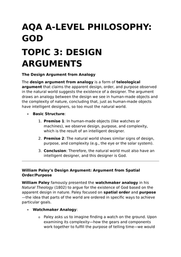 Design Arguments - A-Level Philosophy Revision Summary