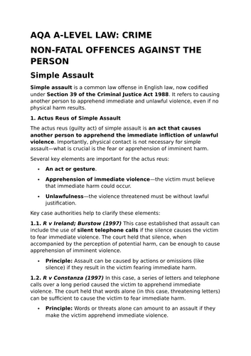 Non-Fatal Offences Against the Person - A-Level Law Revision Summary