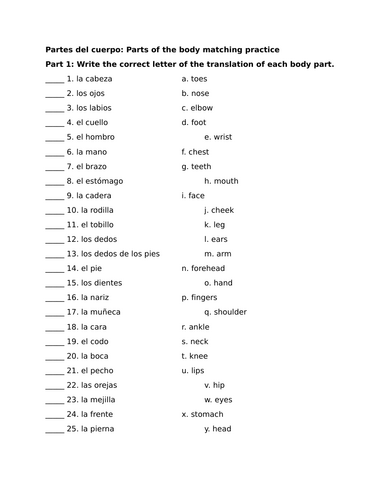 Partes del cuerpo: Parts of the body matching practice