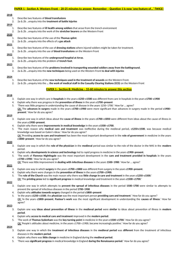 Edexcel GCSE History - Past Questions 2018-2024 - Medicine & WF, Elizabeth, American West, Germany