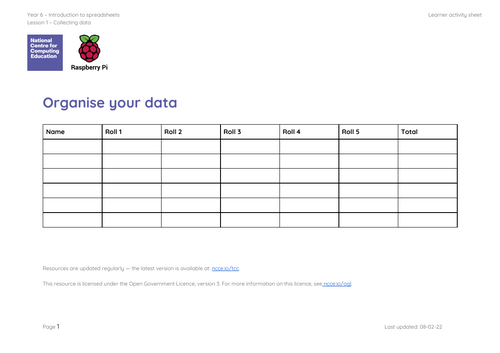 Year 6 - Introduction to Spreadhseet