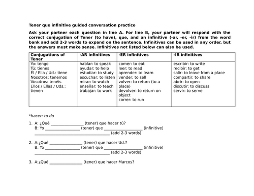 Tener que infinitive guided conversation practice