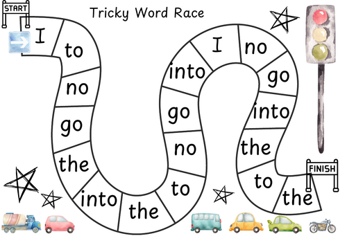Tricky word track game. Phase 2 and 3