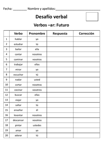 Spanish - Verb Challenge -Desafío verbal - Futuro simple (Future)