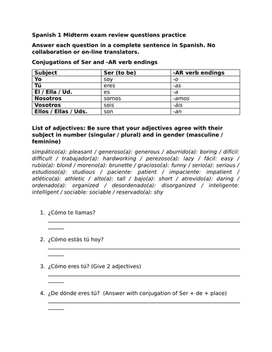 Spanish 1 Midterm exam review questions practice