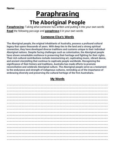 The Aboriginal People Paraphrasing Worksheet