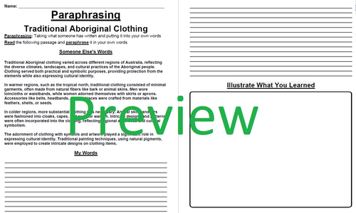 Traditional Aboriginal Clothing Paraphrasing Worksheet