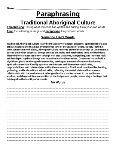 Traditional Aboriginal Culture Paraphrasing Worksheet