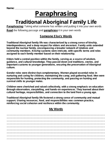 Traditional Aboriginal Family Life Paraphrasing Worksheet