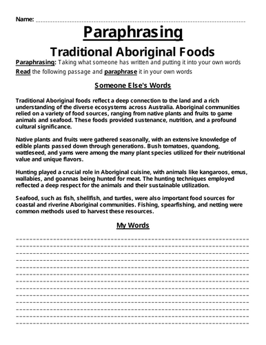 Traditional Aboriginal Foods Paraphrasing Worksheet