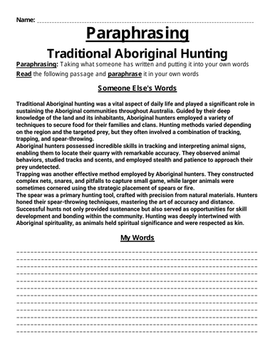 Traditional Aboriginal Hunting Paraphrasing Worksheet