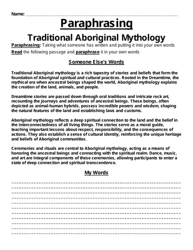 Traditional Aboriginal Mythology Paraphrasing Worksheet