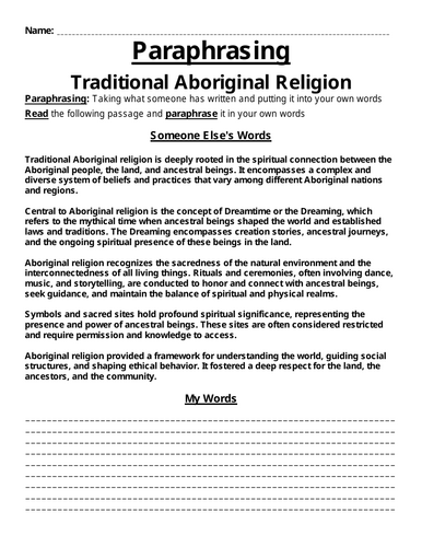 Traditional Aboriginal Religion Paraphrasing Worksheet