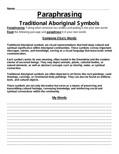 Traditional Aboriginal Symbols Paraphrasing Worksheet