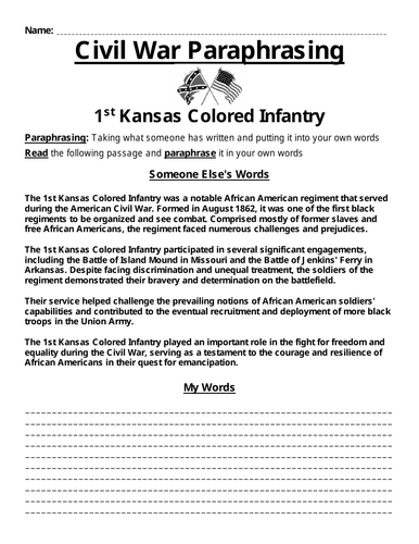 1st Kansas Colored Infantry Paraphrasing Worksheet