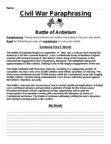 Battle of Antietam Paraphrasing Worksheet