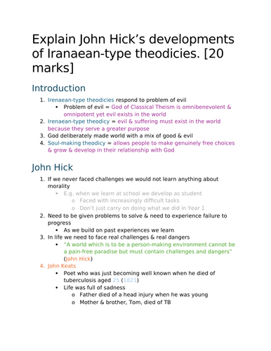 A-Level RS: Irenaean-Type Theodicy 20 Mark Essay + Model + Plan - Eduqas Philosophy