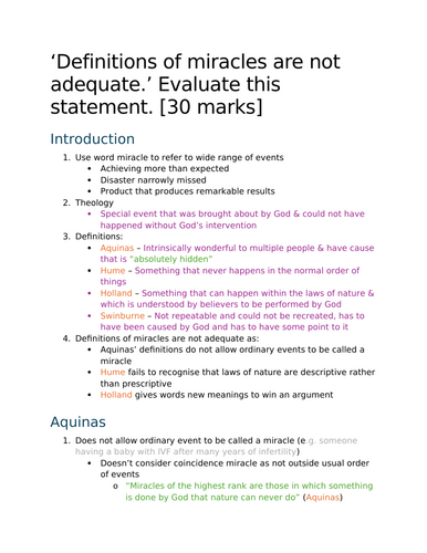 A-Level RS: Miracles 30 Mark Essay + Model + Plan - Eduqas Philosophy