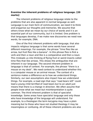 A-Level RS: Problems of Religious Language - 20 Mark Essay - Eduqas Philosophy