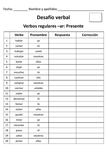 Spanish - Verb Challenge - Desafío verbal - Presente (Present)