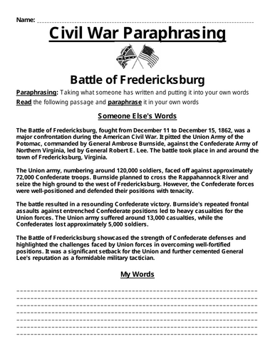 Battle of Fredericksburg Paraphrasing Worksheet