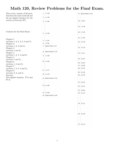 Math 120, Review Problems for the Final Exam.