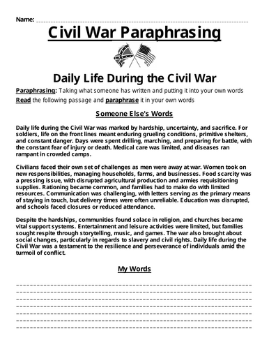 Daily Life During the American Civil War Paraphrasing Worksheet