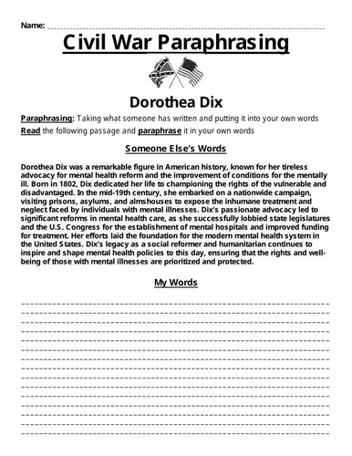 Dorothea Dix Paraphrasing Worksheet